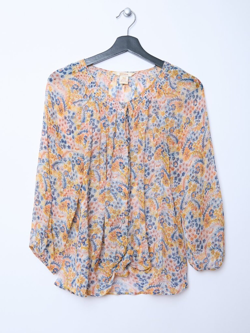 Sundance 100% Silk Chiffon Sheer Floral Print Lightweight Button Down Blouse L
